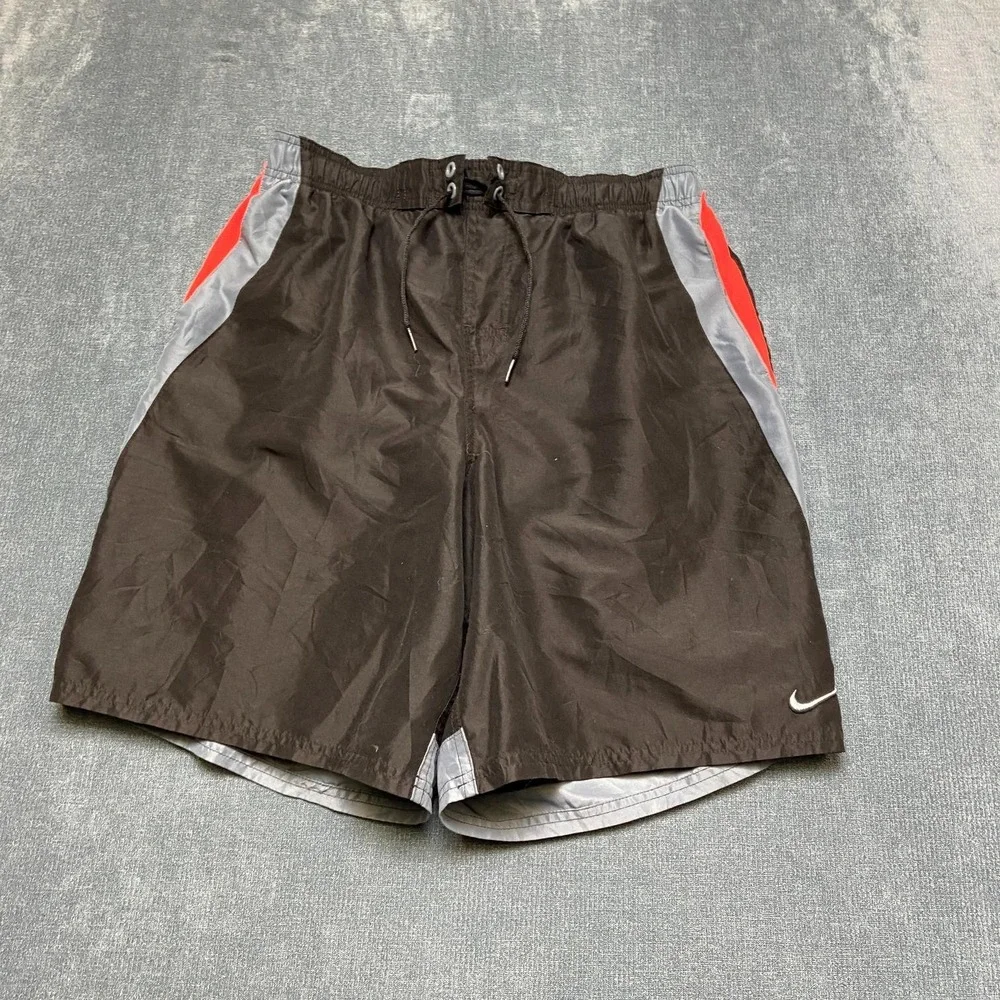 Nike Board Shorts Mens Large Black Swoosh Logo Mesh Lined Mid Rise Swimwear